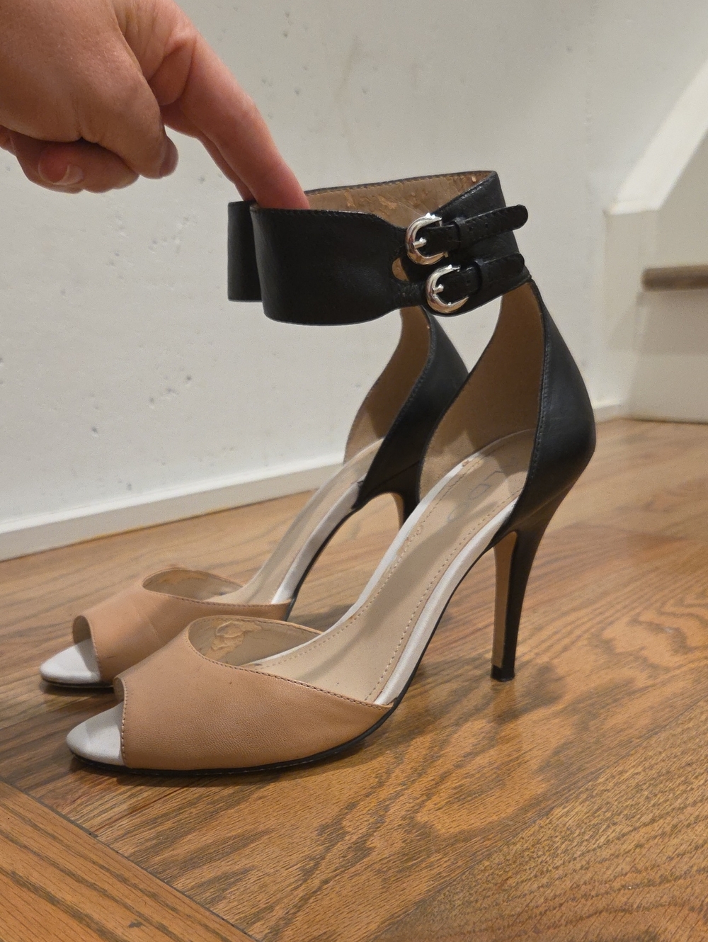 Aldo Black and Beige Peep-Toe Ankle Strap Stilettos